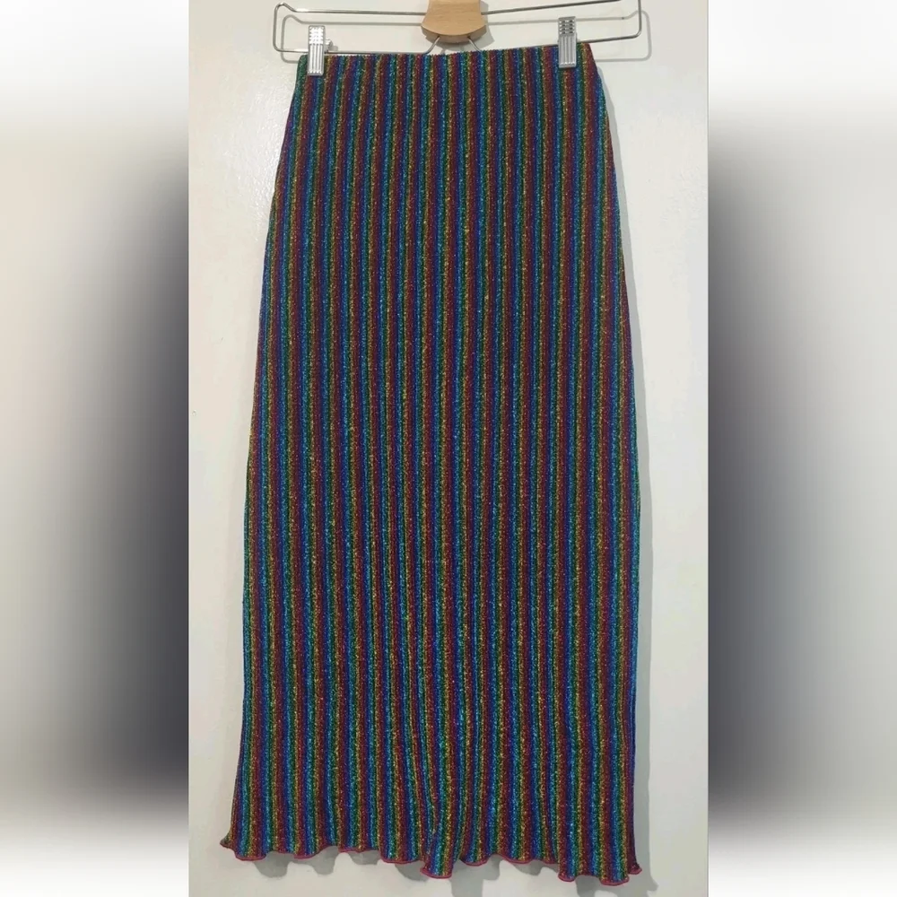 Urban Outfitters Ecote Sparkly Stripe Midi Skirt Size XSmall Rainbow Colors NWT